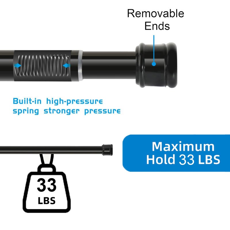 Ginbel Direct 2 Pack Shower Curtain Rod 28-48 Inch, 1" Diameter Spring Long Adjustable Tension Curtain Rods for Bathroom Windows Closet No Drilling No Rust No Assembly, Black - Image 5